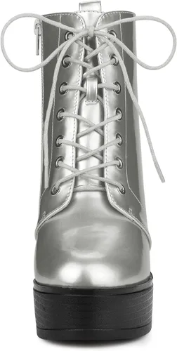 Miniatura 2 de Allegra K Botas de combate de tacón alto grueso con cordones para mujer, M