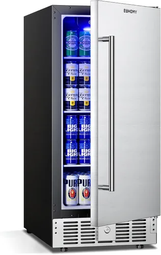 EUHOMY Refrigerador de bebidas de 15 pulgadas, refrigerador de bebidas para 127 latas con puerta de acero inoxidable, enfriador de bebidas