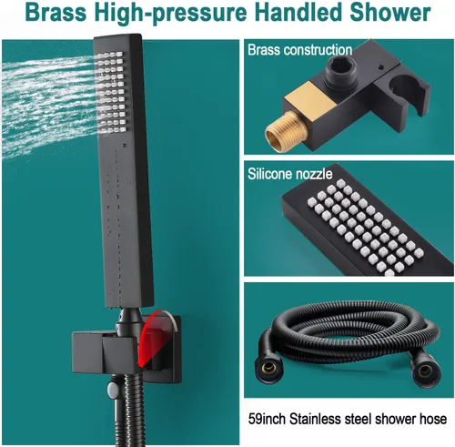 Miniatura 5 de HOMEDEC Sistema de ducha de lluvia LED de 16 pulgadas, válvula desviadora termostática de 3 vías con 6 pulverizadores corporales, todas las Negro