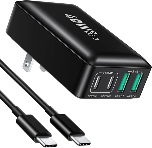 Bloque de cargador USB C, 40 W, plano de 4 puertos, enchufe de pared USB de doble PD QC, adaptador de corriente de viaje de carga rápida multipuerto