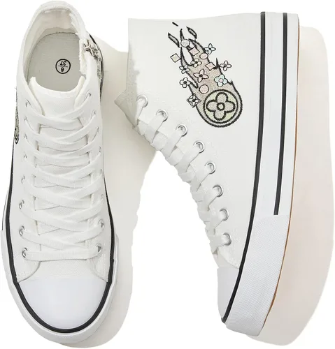 HYPOCRUTE Tenis de lona para mujer, color blanco y negro, con cremallera, con cordones, casuales, para caminar, correr, trabajar