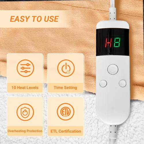 Miniatura 3 de Manta eléctrica térmica individual, franela suave de 62 x 84 pulgadas, con 8 horas de apagado automático, 10 niveles de calentamiento rápido