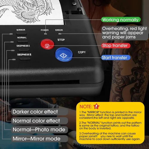 Miniatura 7 de Impresora de transferencia de plantillas de tatuaje con 20 hojas de plantilla, impresora de plantillas de tatuaje para hombres y mujeres