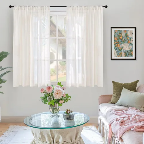 Miniatura 2 de BGment Cortinas de lino café de 30 pulgadas de largo para ventana pequeña, cortinas de media ventana beige semitransparentes ligeras con bolsillo