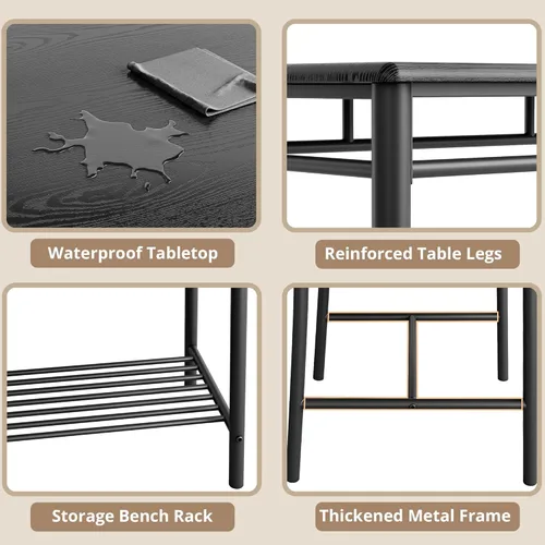 Miniatura 7 de IRONCK Juego de mesa de comedor para 4, mesa de cocina con banco tapizado y 2 sillas, juego de mesa de cocina y sillas para espacio pequeño, Negro