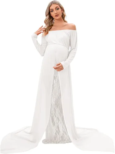 ZIUMUDY Vestido de maternidad para sesión de fotos de manga larga con hombros descubiertos vestido de encaje ajustado con capa larga de gasa trian