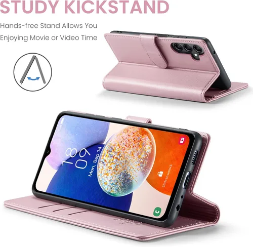 Miniatura 4 de FLIPALM Funda tipo cartera para Samsung Galaxy A14 5G con bloqueo RFID, soporte para tarjeta de crédito, de piel sintética, función atril, funda Oro