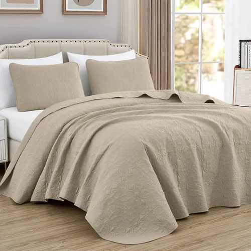 Miniatura 29 de Chezmoi Collection Luca - Juego de colcha de gran tamaño de 3 piezas, tamaño Queen, color beige, colcha de microfibra ligera de 100 x 106 pulgadas