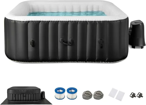 Goplus Jacuzzi hinchable, piscina para 4-6 personas con 130 chorros de aire, bomba con calentador, cartuchos de filtro, cubierta aislada, tela para