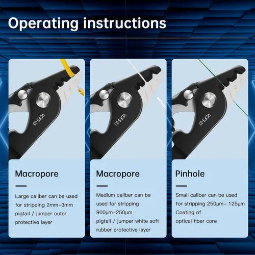 Miniatura 5 de VCFS-33 Pelacables de fibra óptica de 3 orificios de puerto Herramienta de pelado de fibra óptica con mango de 6 pulgadas - Llave hexagonal