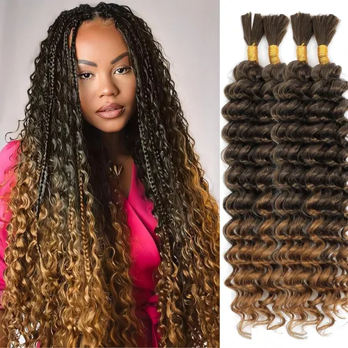 Miniatura 37 de Mezcla de cabello humano trenzado sintético bohemio para trenzar, 16 pulgadas de onda profunda a granel para trenzas bohemias, 2 piezas de cabello 1b