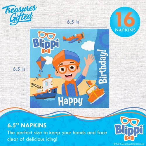 Miniatura 2 de Treasures Gifted Suministros para fiesta de cumpleaños con licencia oficial de Blippi, paquete de 16 servilletas Blippi, suministros para fiesta