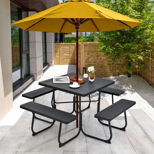Miniatura 2 de Tangkula Mesa de picnic para 8 personas, mesa de picnic cuadrada al aire libre con 4 bancos integrados, agujero para paraguas, marco de metal y mesa