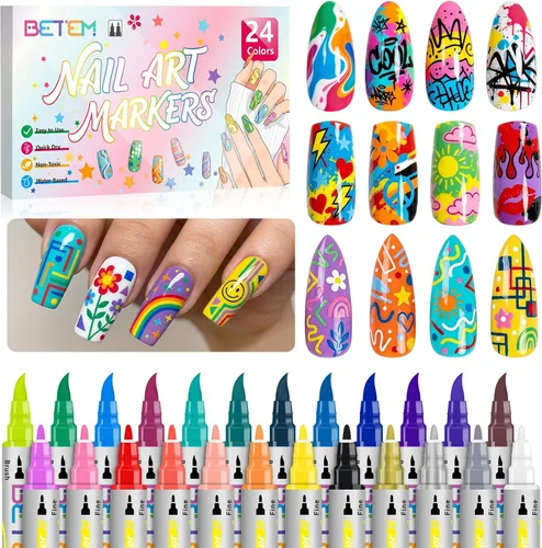 Betem Juego de bolígrafos de uñas de doble punta, 24 colores, marcadores de arte de uñas, no tóxicos, bolígrafos de esmalte de uñas de secado