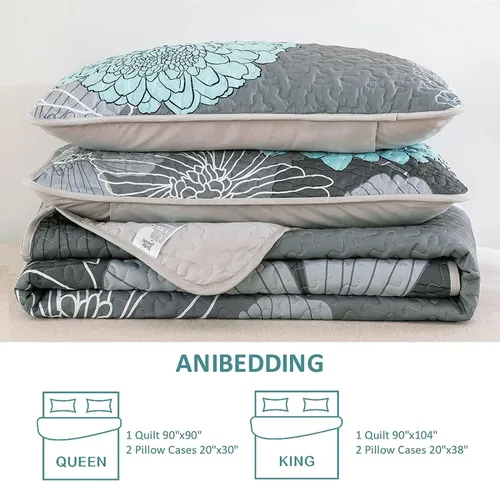 Miniatura 8 de Yiran Juego de edredón floral gris aguamarina, tamaño Queen, colchas botánicas de verano, juego de ropa de cama de 3 piezas, colcha ligera