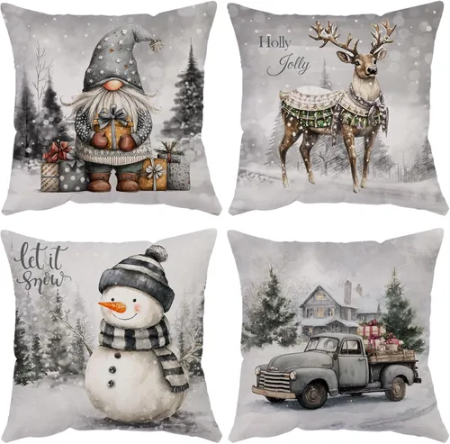 Miniatura 11 de Fundas de Almohada Feliz Navidad 12x12 Juego de 4 Fundas de Almohada de Terciopelo de Navidad Rosa Navidad Invierno Vacaciones Fundas de Almohada