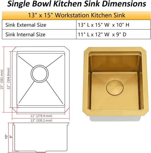 Miniatura 3 de Fregadero de barra dorada de 13 x 15 pulgadas, fregaderos de cocina dorados de acero inoxidable SUS304 de calibre 16 con accesorios, fregadero