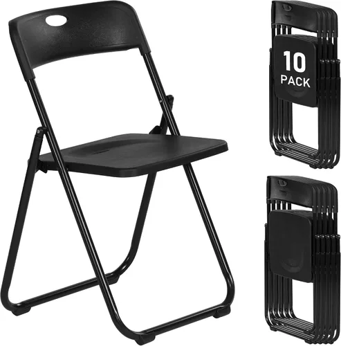 Paquete de 10 sillas plegables de plástico negro, asientos comerciales apilables portátiles para interiores y exteriores con marco de acero para el