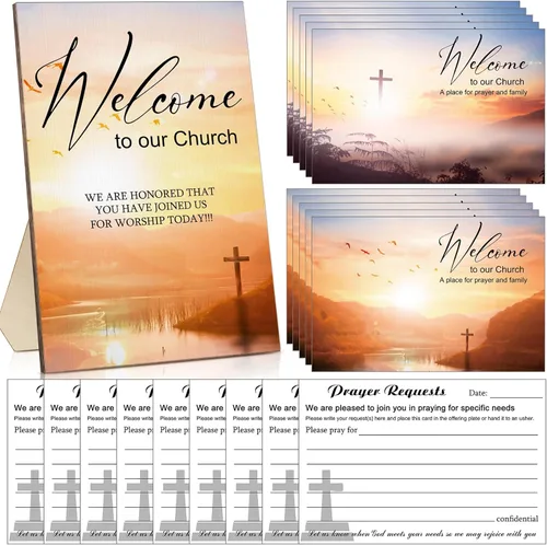 Kosiz 101 tarjetas de visita para la iglesia, 1 letrero de madera de bienvenida a nuestra iglesia, 100 tarjetas de visitante, solicitud de oración,
