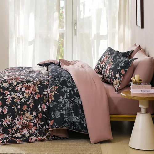 Miniatura 8 de Juego de edredón tamaño Queen, 7 piezas, juego de edredón floral negro y rosa, juego de ropa de cama en una bolsa tamaño Queen con patrón de flores