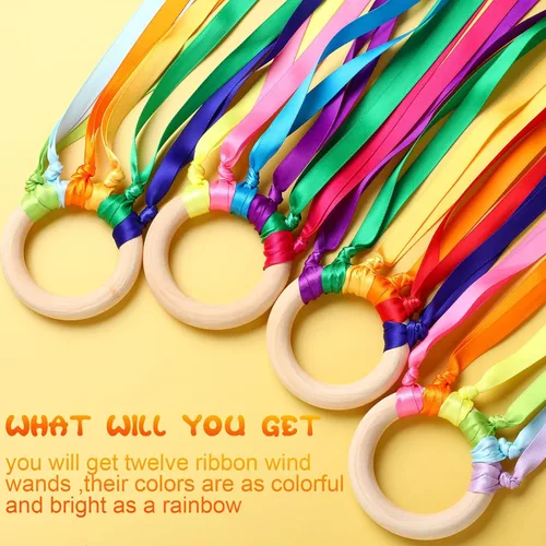 Miniatura 4 de Deekin 12 piezas de cinta de arco iris de madera Waldorf juguetes creativos Waldorf juego de cometas de mano serpentinas con anillo de madera