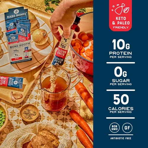 Miniatura 4 de Mezcla instantánea Bare Bones de caldo de huesos, de huesos, de res, 10gr de proteína, apto para dieta Keto y Paleo, sobres en barras de 0.53 oz