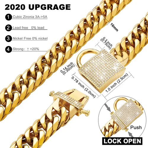 Miniatura 3 de PRADOG Collar de perro con cadena de oro con cierre de circonita, acero inoxidable de 18 quilates, collar de metal resistente para cachorros, collar