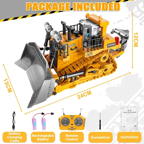 Miniatura 7 de Bulldozer a control remoto, vehículo de construcción RC de metal de 9 canales con luces, sonido y batería recargable, juguete de bulldozer a control