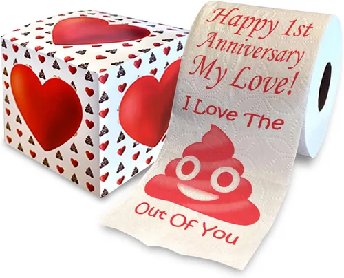 Printed TP Happy First Anniversary My Love! I Love You - Broma de papel higiénico impreso, divertido regalo novedoso, primer aniversario para novio,