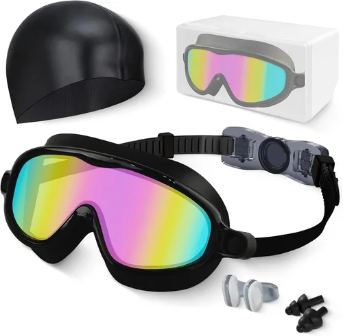 Gafas de natación para niños, antivaho, protección UV y amplia vista & gorro de natación para niños de 3 a 15 años, niños y niñas, bebés