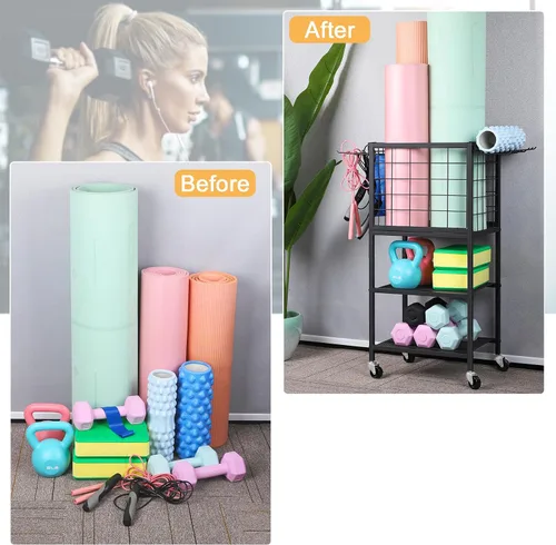 Miniatura 4 de ETELI Estante de almacenamiento para esterilla de yoga, gimnasio en casa, equipo de entrenamiento, carrito de almacenamiento con ruedas de ganchos