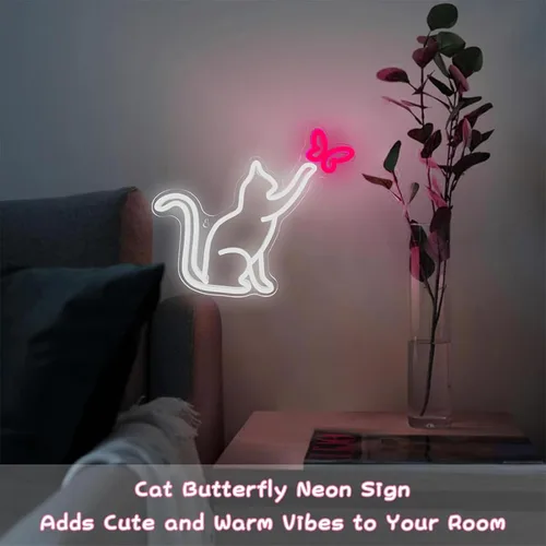 Miniatura 3 de Señales de neón de gato, señal de neón LED de gato y mariposa para decoración de pared, lindas luces de neón de gato, señal de luz de neón de arte