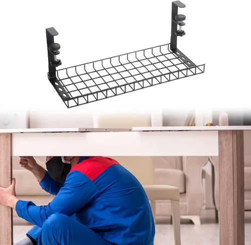 Miniatura 6 de Bandeja de organización de cables para debajo del escritorio, canal de cables ajustable de acero al carbono, instalación sin taladro, 13.78 x 7.28 x