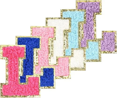 Miniatura 19 de 6 piezas de parches de letras de chenilla autoadhesivas con purpurina para planchar, parches de letras universitarias estilo preppy, letras difusas