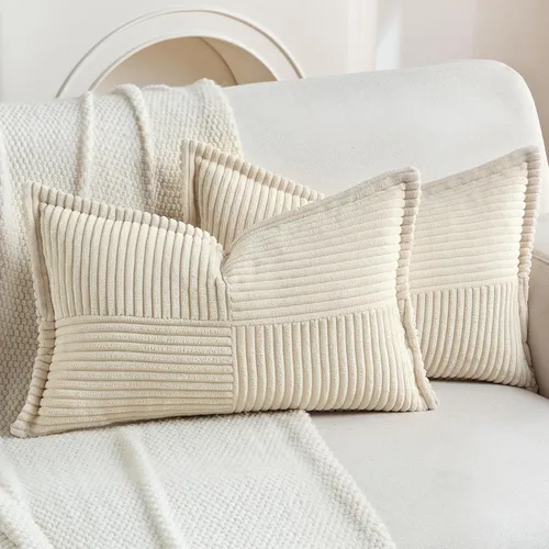 Miniatura 16 de HAUSSY Paquete de 2 fundas de almohada de 22 x 22 pulgadas, fundas decorativas de pana suave, estilo bohemio a rayas sólidas, fundas de cojín