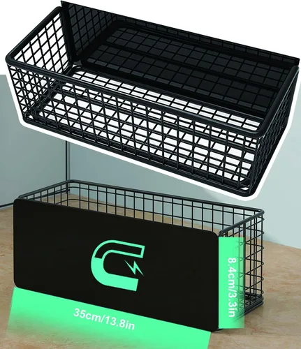 Miniatura 10 de Cesta magnética para nevera, soporte magnético grande para bolígrafo, pizarra blanca, cesta de alambre de metal, organizador de artículos Negro-Alto