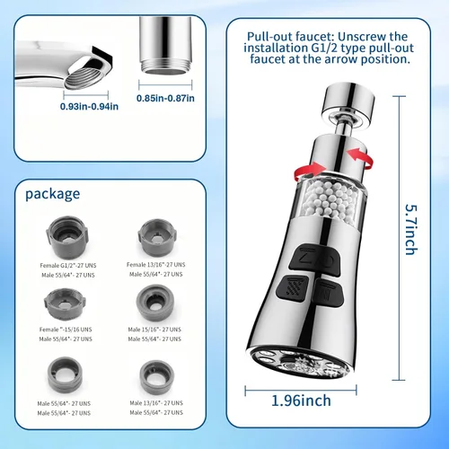 Miniatura 2 de Grifo de filtro de agua para fregadero, juego de filtro giratorio de 360° con 6 accesorios, extensor de rociador de 3 modos, purificador para quitar