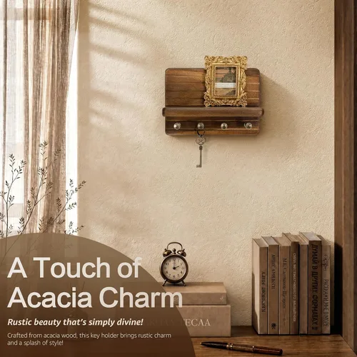 Miniatura 3 de Rebee Vision Soporte de pared de madera de acacia para decoración del hogar, mini llavero de 7 pulgadas para pared con 4 ganchos resistentes
