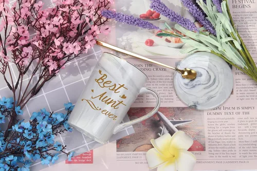 Miniatura 2 de Taza de café Best Aunt Ever de 14 onzas, color gris, con caja de regalo, cuchara y posavasos, regalo perfecto para tía para cumpleaños, día