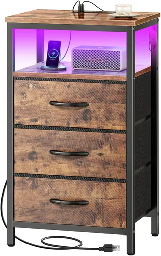 Miniatura 13 de Huuger - Mesita de noche con estación de carga y luces LED, mesita de noche con 2 cajones, mesa auxiliar de cama con estante abierto, mesa auxiliar