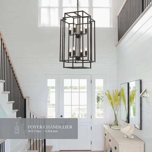 Miniatura 5 de lámpara colgante de farol de 8 luces en forma de escalones, lámpara de araña de granja de metal negro para colgar en vestíbulo de entrada, comedor