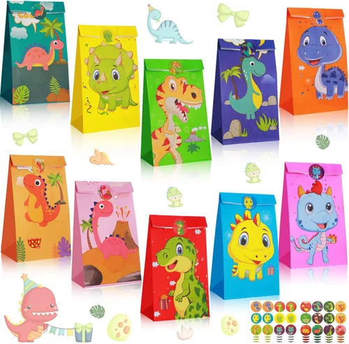 Containlol Paquete de 30 bolsas de regalo para fiesta de dinosaurios, bolsa de dulces de dinosaurio pequeño con calcomanías a juego, suministros de