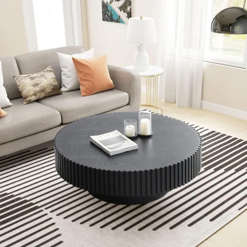 KEVINSPACE Mesa de centro redonda de 35.43 pulgadas para sala de estar, pedestal de madera redonda, mesa de centro para sala, mesa de centro, Negro