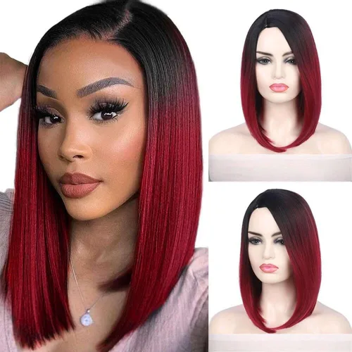 Miniatura 16 de Quick Wig - Pelucas Ombre, verde menta, corto, lacio, peluca bob, parte media sintética, para uso diario, cosplay, fiesta, pelucas completas