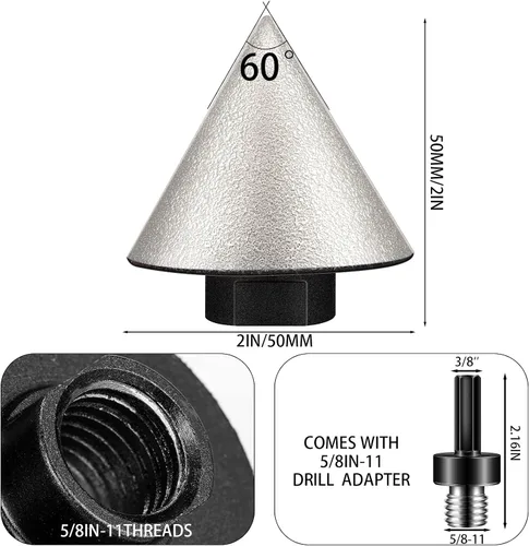 Miniatura 3 de Lothee 3 brocas de biselado de diamante con adaptador de rosca de 5/8-11, brocas de fresado de dedo de diamante de 3/5 pulgadas para azulejos, Negro