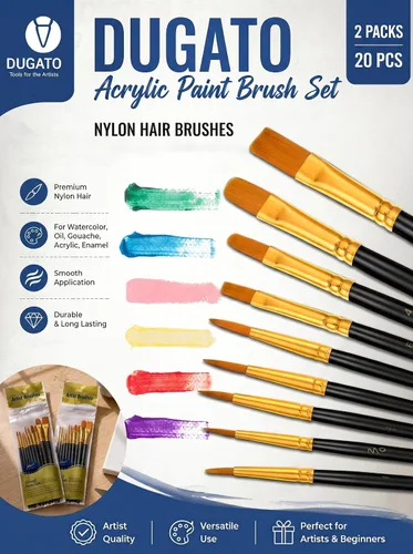 Miniatura 2 de Juego de pinceles y paletas de pintura de DUGATO, 2 paquetes/20 pinceles de punta redonda de pelo de nailon con 5 bandejas de pintura para pintura