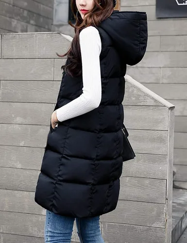 Miniatura 2 de Fiona Jolin Chaleco largo acolchado para mujer, negro, de invierno, de algodón, acolchado, sin mangas, chaquetas hinchadas