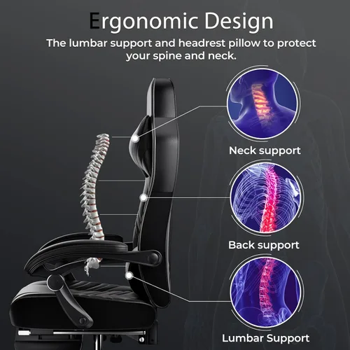 Miniatura 4 de POWERSTONE Silla de videojuegos con reposapiés y soporte lumbar, estilo carreras, piel sintética, ergonómica, ajustable, giratoria, color negro