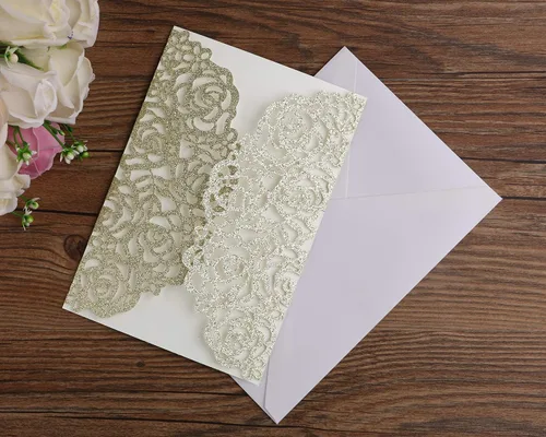 Miniatura 7 de ponatia 25 unidades por lote de 250 GSM, 5.12 x 7.1 pulgadas, con purpurina, rosa hueca con cinta burdeos, para boda, despedida de soltera
