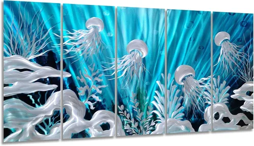 Miniatura 19 de SYGALLERIER Arte de pared abstracto de metal costero, hecho a mano, gran 3D, azul y plateado, ilustraciones modernas de olas de mar, escultura